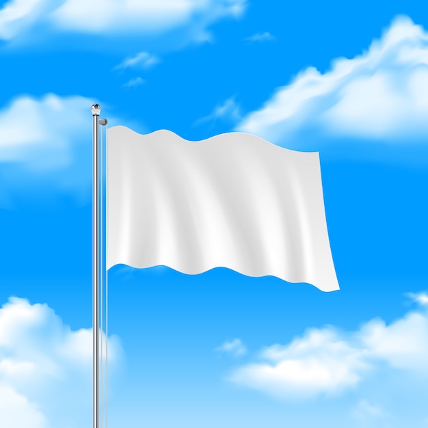 Leere weiße Flagge, die auf Hintergrund des blauen Himmels wellenartig bewegt