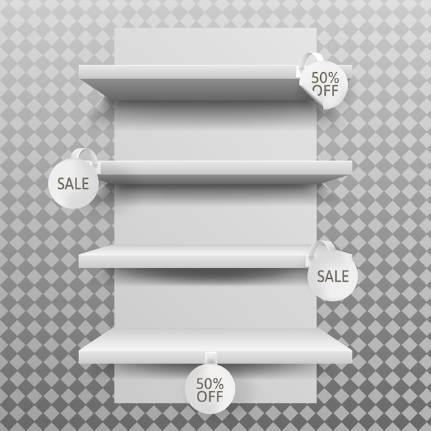 Kostenloser Vektor leere weiße ladenregale mit rundem kundenspezifischem werbewobbler-modell im realistischen stil isoliert auf transparenter hintergrundvektorillustration der ankündigung des supermarktverkaufs