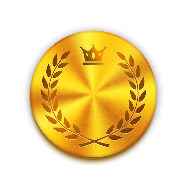 Leerer strukturierter goldener Metallknopf mit Krone und Kranz. Vorlage für das Logo, Abzeichen oder Knopfdesign. Vektorillustration