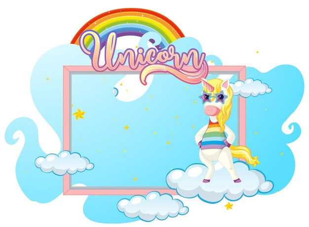 Leeres Banner mit niedlicher Einhorn-Cartoon-Figur auf Weiß