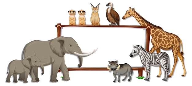 Leeres banner mit wildtier-cartoon-figur auf weißem hintergrund