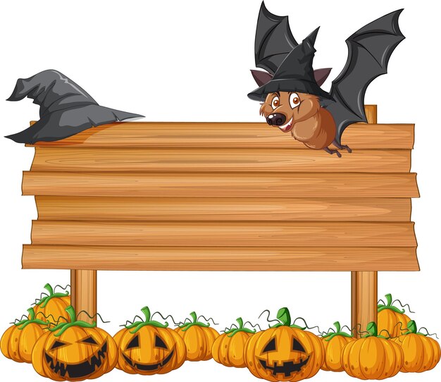 Leeres Holzschild mit Fledermaus im Halloween-Thema