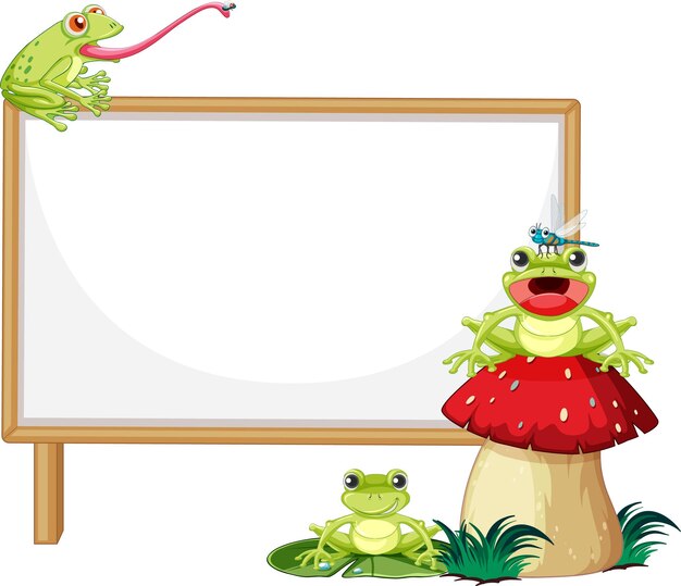 Leeres holzschild mit frosch im cartoon-stil