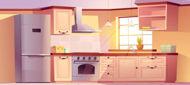 Leeres Interieur der Retro-Küche mit Geräten und weißen Holzmöbeln. Tisch, Backofen, Dunstabzugshaube, Kühlschrank und Geschirr. Ausrüstung zum Kochen im klassischen Vintage-Stil, Cartoon-Vektorillustration