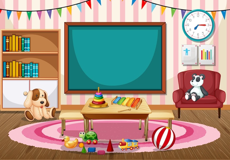 Kostenlose Vektor leeres kindergarten-klassenzimmer mit tafel und kinderspielzeug