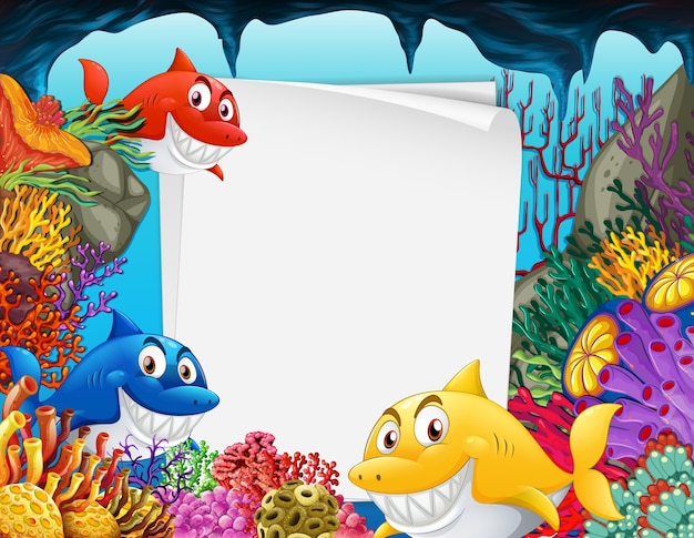 Leeres papierblatt mit vielen hai-zeichentrickfiguren in der unterwasserszene