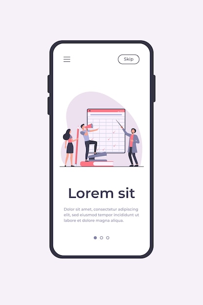 Lehrer mit Zeiger, der Matrix mit Häkchen erklärt. Studenten mit Megaphon und Bleistift flache Vektorillustration. Schulung, Webinar, Lektion Konzept Mobile App Vorlage