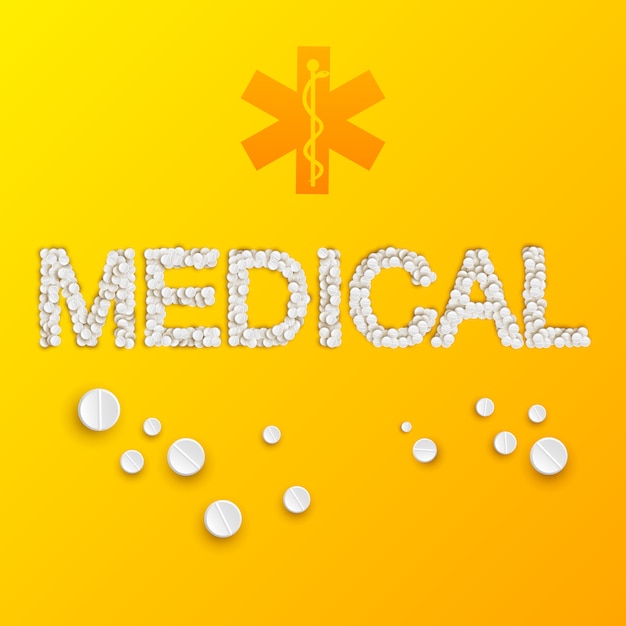 Leichte Medizinschablone mit medizinischer Inschrift von Pillen und Drogen auf Gelb