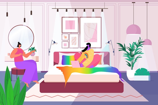 Lesbische familie mit laptop-mädchen, die zeit miteinander verbringen, transgender-liebeskonzept schlafzimmerinnenraum in voller länge horizontale vektorillustration