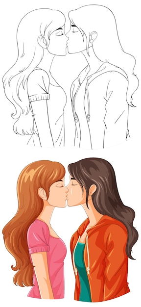 Kostenloser Vektor lesbisches paar küsst cartoon-doodle-umriss