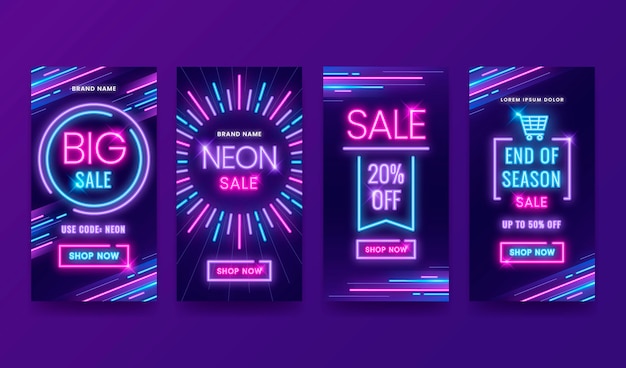 Kostenloser Vektor leuchtendes neon-verkaufs-instagram-story-set