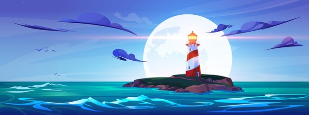 Leuchtturm in der Nacht Meer auf Rock Island Landschaftsillustration Leuchtturm auf der Klippe im Ozeanwasser über Vollmond Seascape Hafenlandschaft mit Navigationsgebäude in Oregon Navigationslichtstrahl