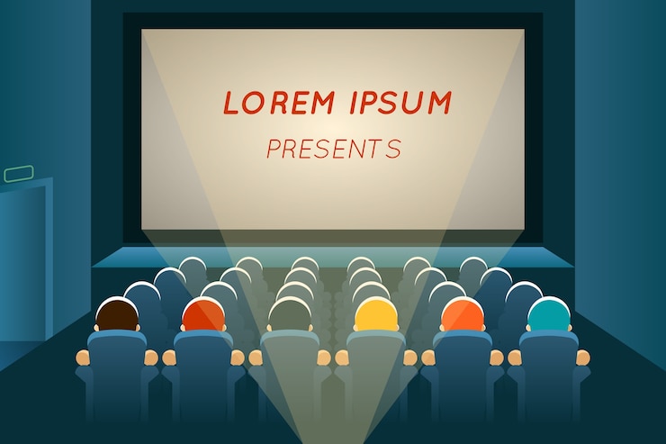 Kostenlose Vektor leute, die filme im kino schauen. film und leinwand, sitzpublikum, show und konzert, auditoriumspräsentation, reihe und unterhaltung
