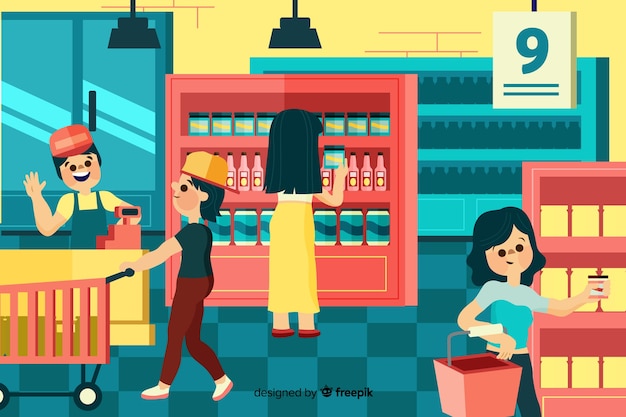 Leute, die im Supermarkt, Illustration mit Charakteren kaufen