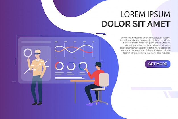 Kostenloser Vektor leute, die mit diagrammen auf virtuellen bildschirmen und beispieltext arbeiten