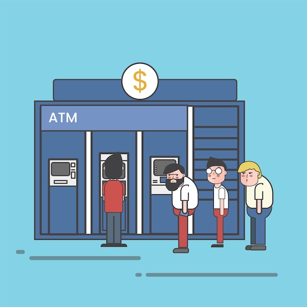 Leute, die Schlange stehen, um Geld auf ATM-Illustration einzahlen oder einzahlen