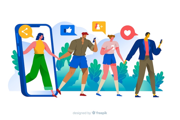 Kostenlose Vektor leute, die telefon mit social media-ikonenkonzeptillustration betrachten