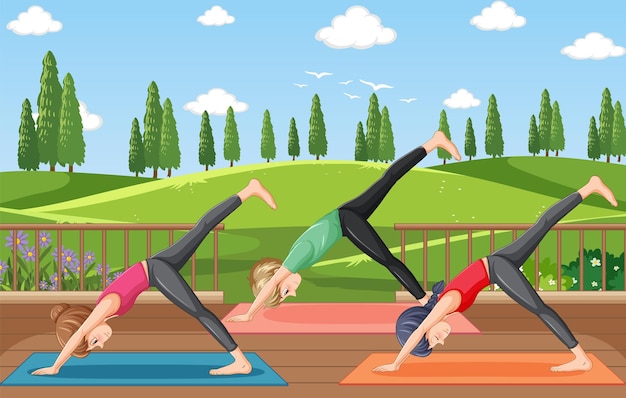 Leute, die yoga im park machen