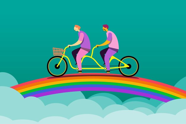 Lgbtq-paare, die glücklich mit ihren fahrrädern fahren, als wären sie auf dem rainbow bridge flat vector illustration design