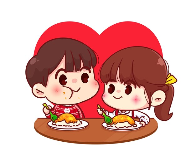 Liebhaberpaar, das zusammen isst, glücklicher Valentinstag, Zeichentrickfigurenillustration