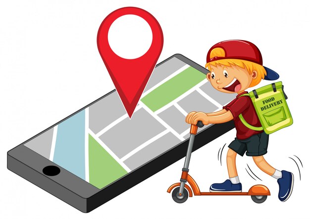 Lieferbote oder Kurier fahren auf Roller mit Pin auf Smartphone-Display