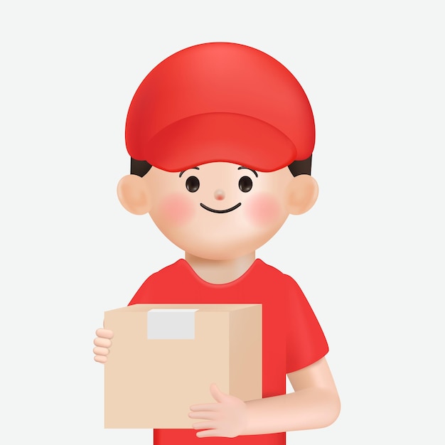 Kostenloser Vektor lieferkuriermann in roter uniform mit paketkasten konzept für sichere warenlieferung
