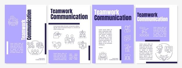 Lila broschürenvorlage für teamwork-kommunikation. teamaufbau. broschürendruckdesign mit linearen symbolen. vektorlayouts für präsentationen, jahresberichte, anzeigen. verwendete anton-regular-, lato-regular-schriftarten