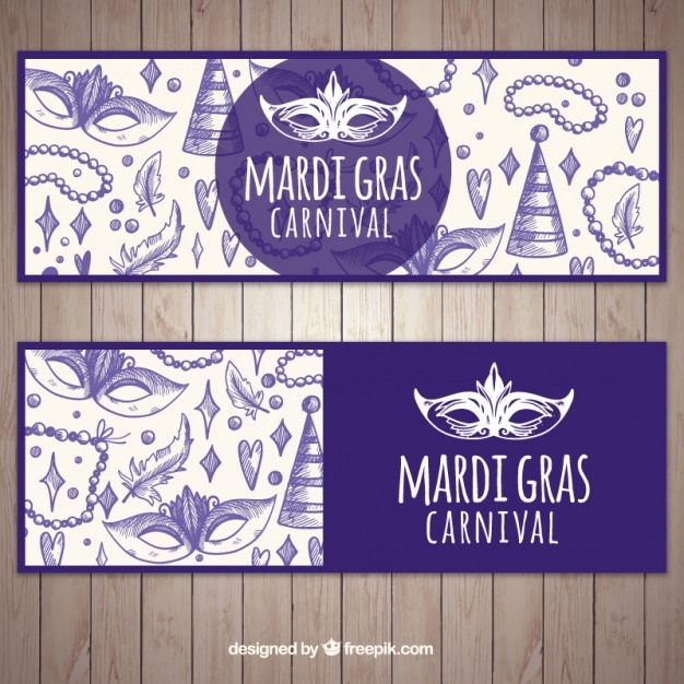 Lila mardi gras banner mit skizzen von karneval objekte