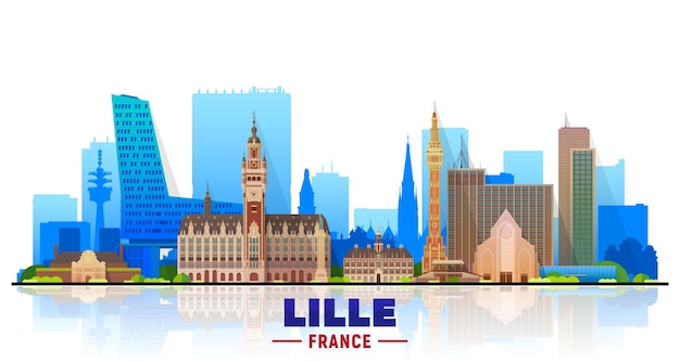 Kostenloser Vektor lille frankreich skyline der stadt auf weißem hintergrund flache vektorillustration mit den berühmtesten gebäuden geschäftsreise- und tourismuskonzept mit modernen gebäuden bild für banner oder website