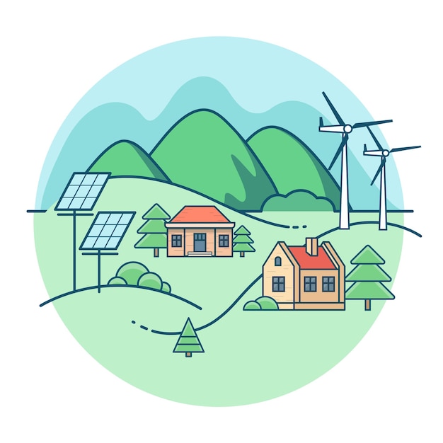 Kostenloser Vektor lineare flache landschaft. haus mit bergen und bäumen. solar- und windkraftanlagen