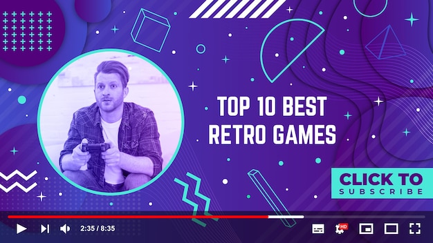 Kostenloser Vektor lineare flache retro gamer youtube thumbnail vorlage