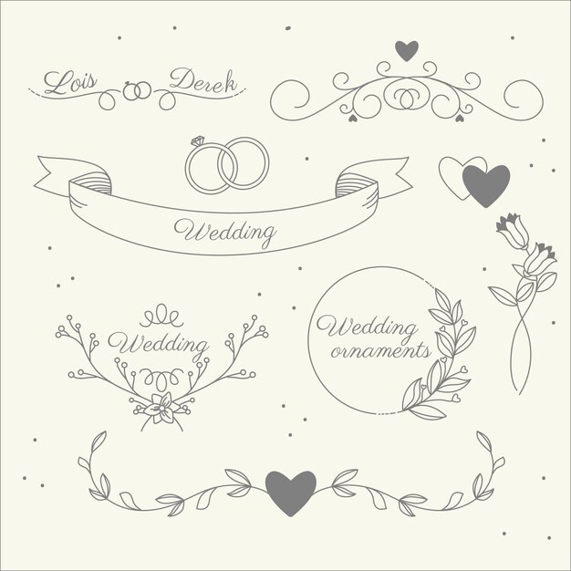 Lineares flaches Hochzeitsornamente-Set