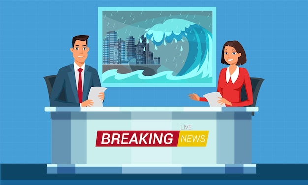 Kostenloser Vektor live breaking news tv-studio-interieur und fernsehnachrichten-moderatoren zeichentrickfiguren katastrophen-katastrophen-tsunami-sendung ankündigung