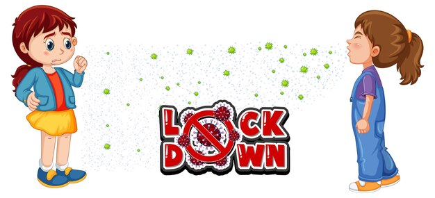 Lockdown-schriftart im cartoon-stil mit einem mädchen, das ihre freundin auf weißem hintergrund niesen sieht