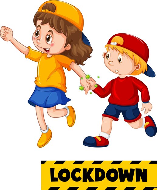 Lockdown-schriftart im cartoon-stil mit zwei kindern hält keine soziale distanz isoliert auf weißem hintergrund
