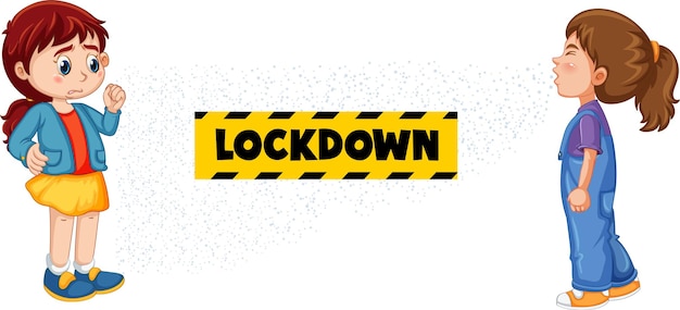 Kostenloser Vektor lockdown-schriftdesign mit einem mädchen, das ihre freundin ansieht, die auf weißem hintergrund niest