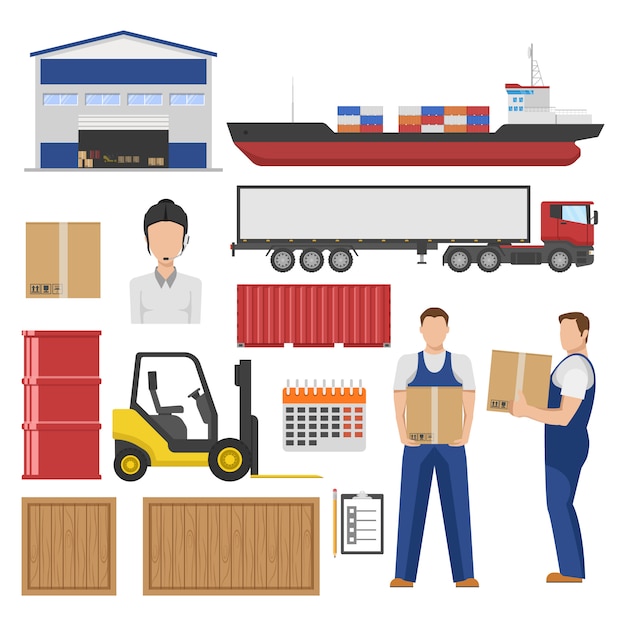Kostenloser Vektor logistik-flachelemente mit lagerware in verschiedenen containern gabelstapler transport mitarbeiter isoliert