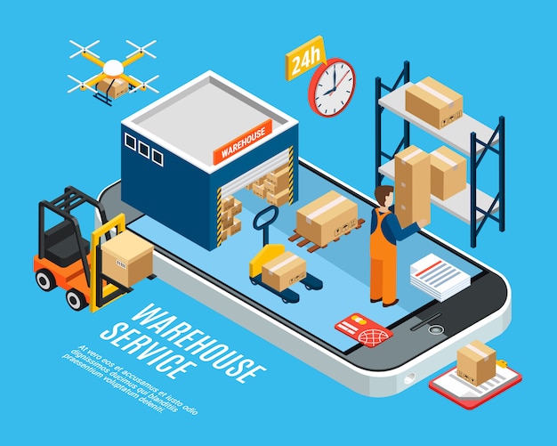 Kostenloser Vektor logistik mit lagerzustelldienst an der blauen isometrischen illustration 3d