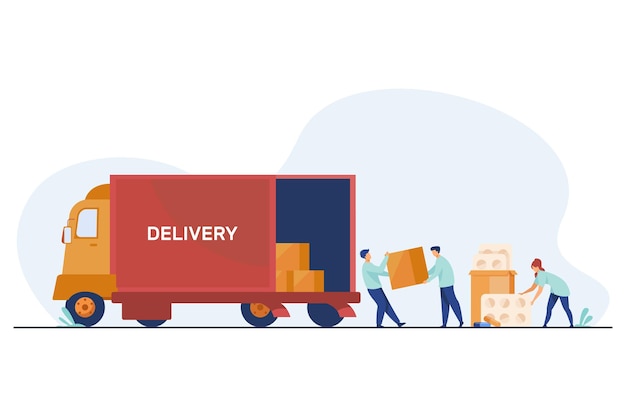 Logistiker liefern Medikamente. Lagerangestellte, die LKW mit der flachen Illustration der Pillen laden