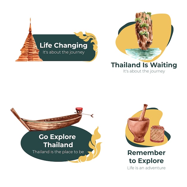 Kostenloser Vektor logo-set mit thailand-reisekonzept für branding und marketing im aquarellstil