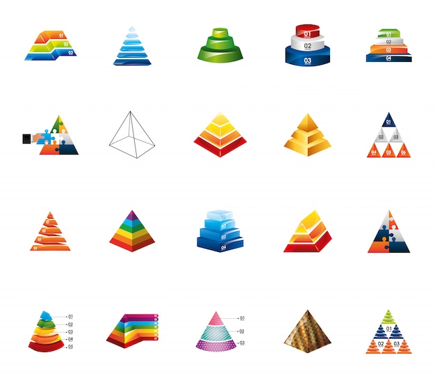 Kostenloser Vektor lokalisierter infographic ikonensatz der pyramide