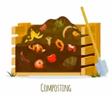 Kostenloser Vektor lokalisierter kompost, der flache zusammensetzung mit haufen mit erde und zersetzter abfall- und schrottvektorillustration kompostiert