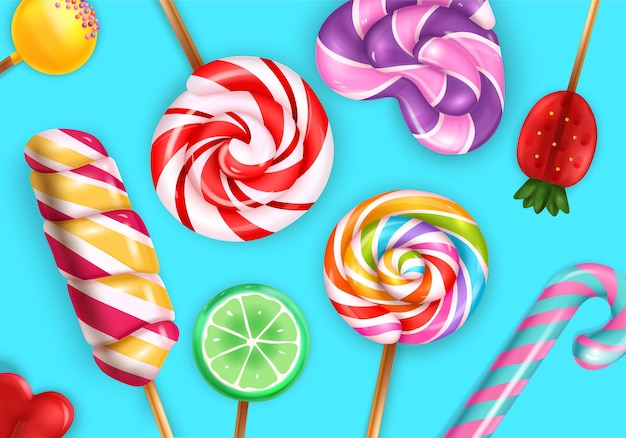 Lollipop Bonbons Nahaufnahme realistische Draufsicht mit Regenbogenspirale Pastell gestreiften Zuckerrohr Erdbeere Illustration