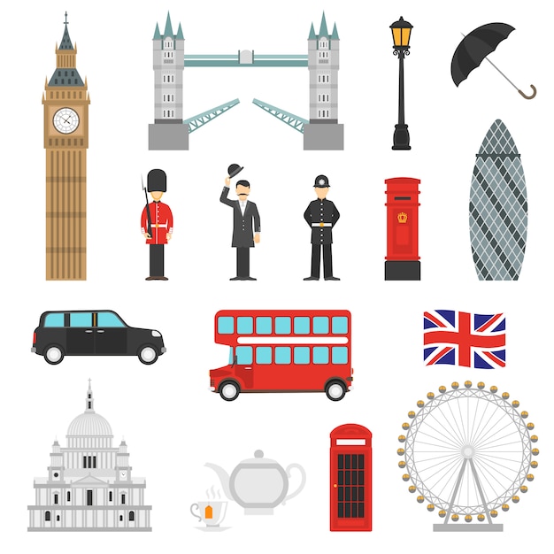 London sehenswürdigkeiten flache icons set