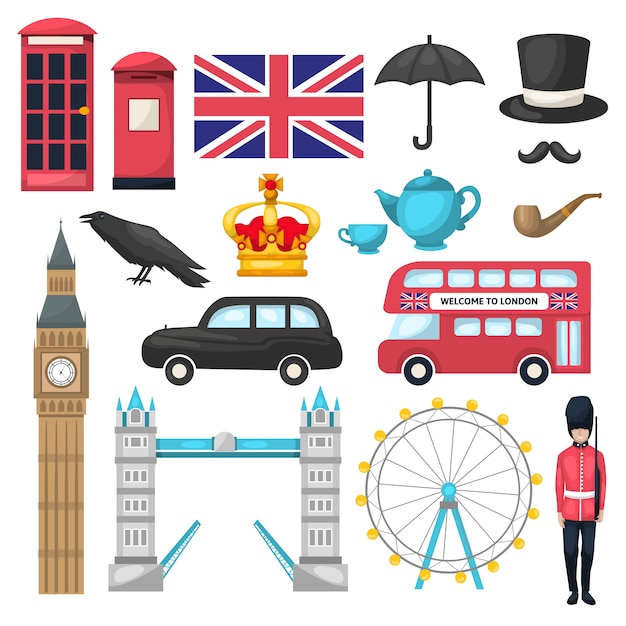Kostenloser Vektor londoner ikone mit verschiedenen attraktionen erkennbaren gebäuden und transportmitteln