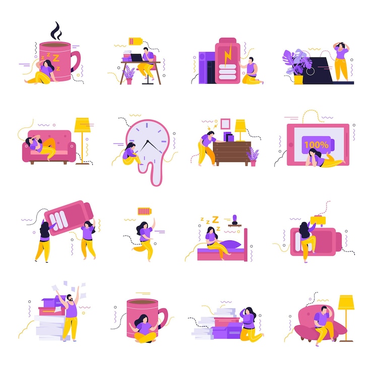 Kostenlose Vektor low-energy-leute-icons, die mit depressiven menschen-symbolen flach isolierte vektorillustration eingestellt wurden