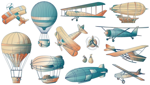 Luftfahrtsatz von isolierten retro- und vintage-stilbildern von flugzeugen und fliegenden transportluftschiffen vektorillustration