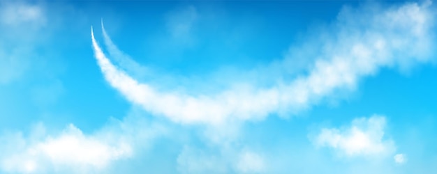 Kostenloser Vektor luftgeschwindigkeitsflugzeug rauchspur mit wolkenvektorlinie 3d weißer dampf flugzeugflugkondensationsnebel realistische jetdampfspur mit dampf gasexplosion spurbewegung im raum rauchflugzeugfluss