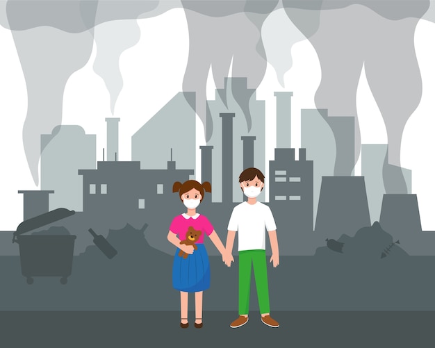 Luftverschmutzungsproblem in der großstadt. zwei kinder und silhouette der modernen stadt mit wolkenkratzern, fabriken und müll. verschmutzung des städtekonzepts. stadtlandschaftsillustration. Premium Vektoren