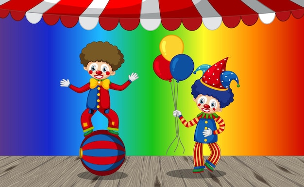 Kostenloser Vektor lustige clown-cartoon-figur auf regenbogensteigungshintergrund